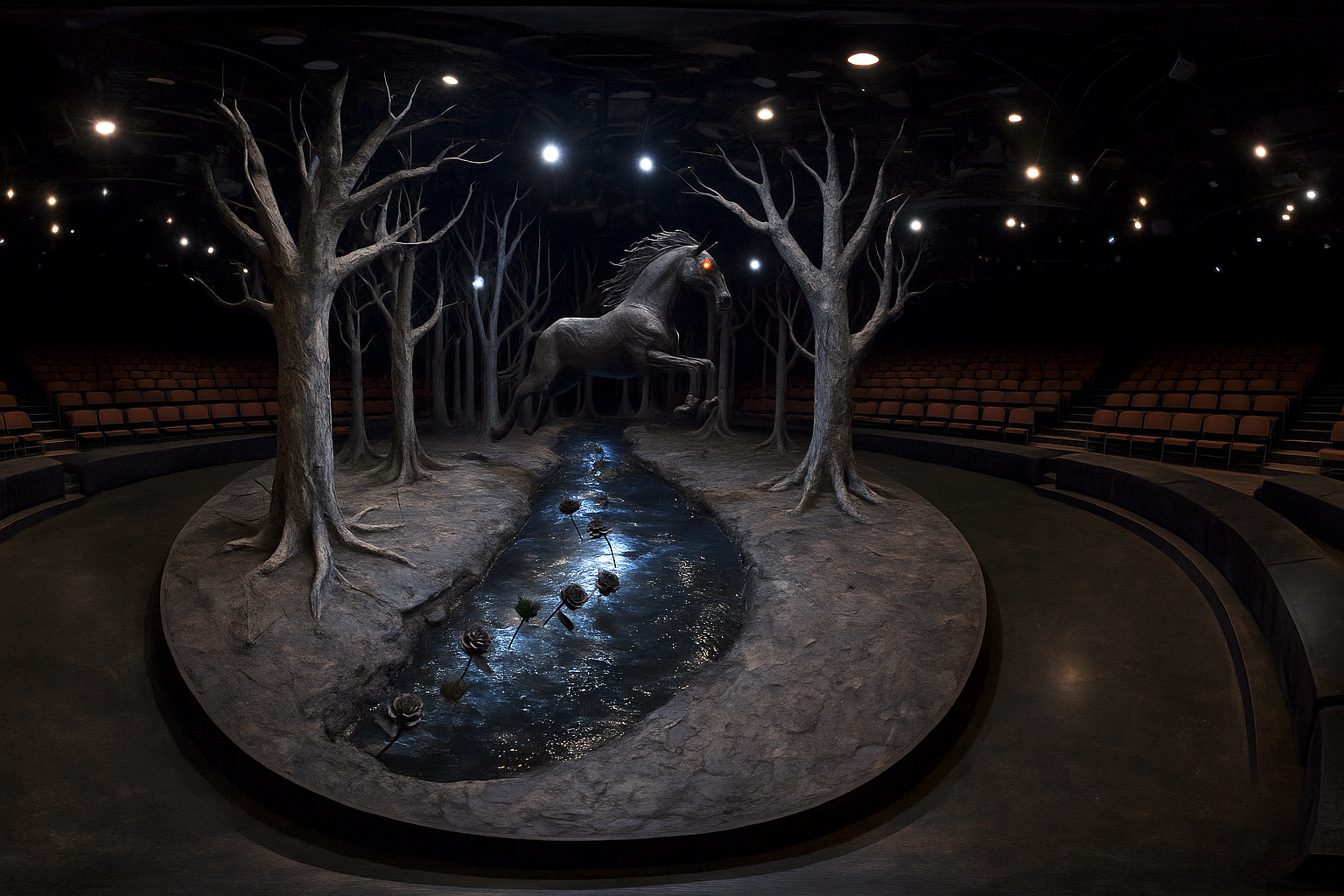Blood Wedding - Full stage render showing theatre-in-the-round dark forest with suspended black stallion and glowing stream