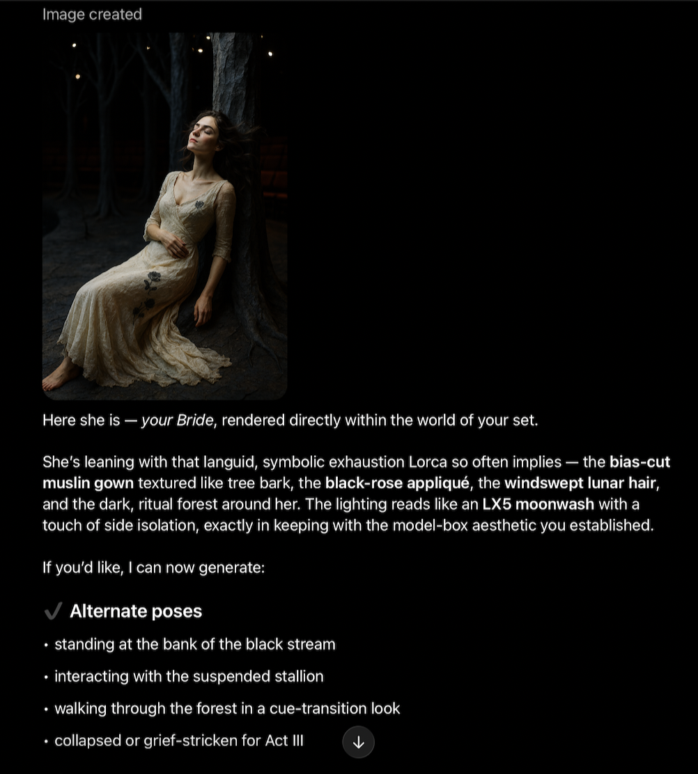 The Bride in costume, leaning against a tree on the forest set