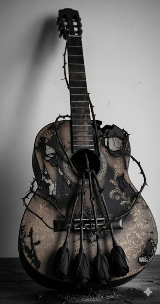 Guitar detail with rose vine strings