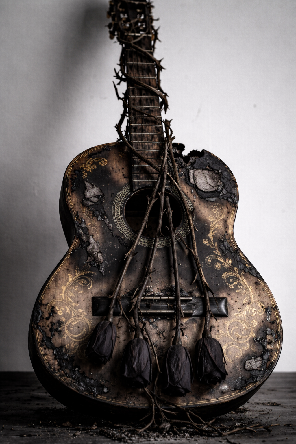The monumental guitar with rose-vine strings and fire-damaged body with Spanish gold detailing