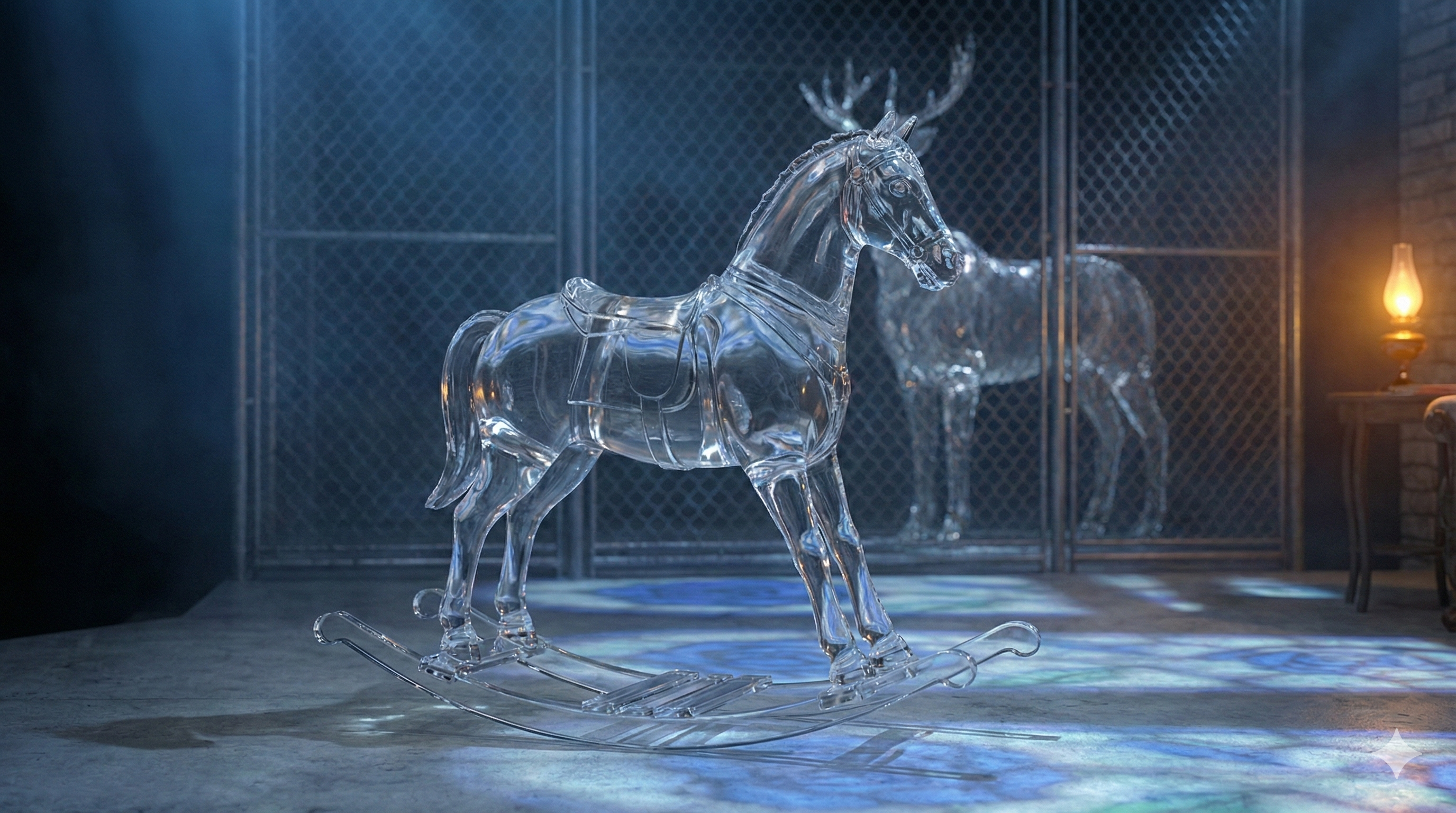 The glass rocking horse at centre stage, catching blue light from the stained glass windows