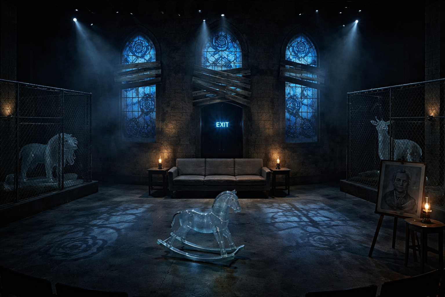 The Glass Menagerie - Full stage render showing ruined church architecture with blue rose stained glass and wire mesh enclosures containing glass animals