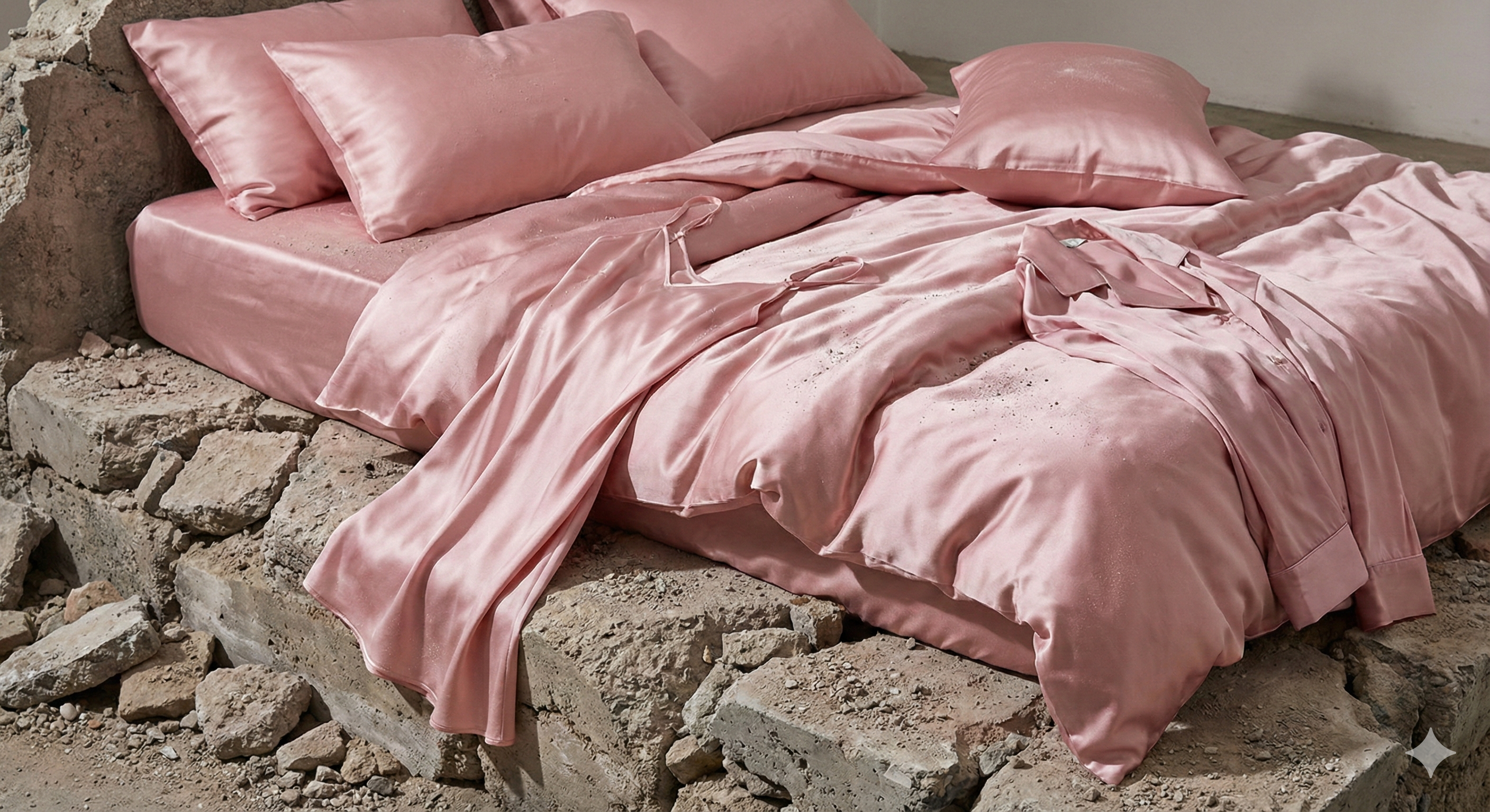 The pink bed in rubble