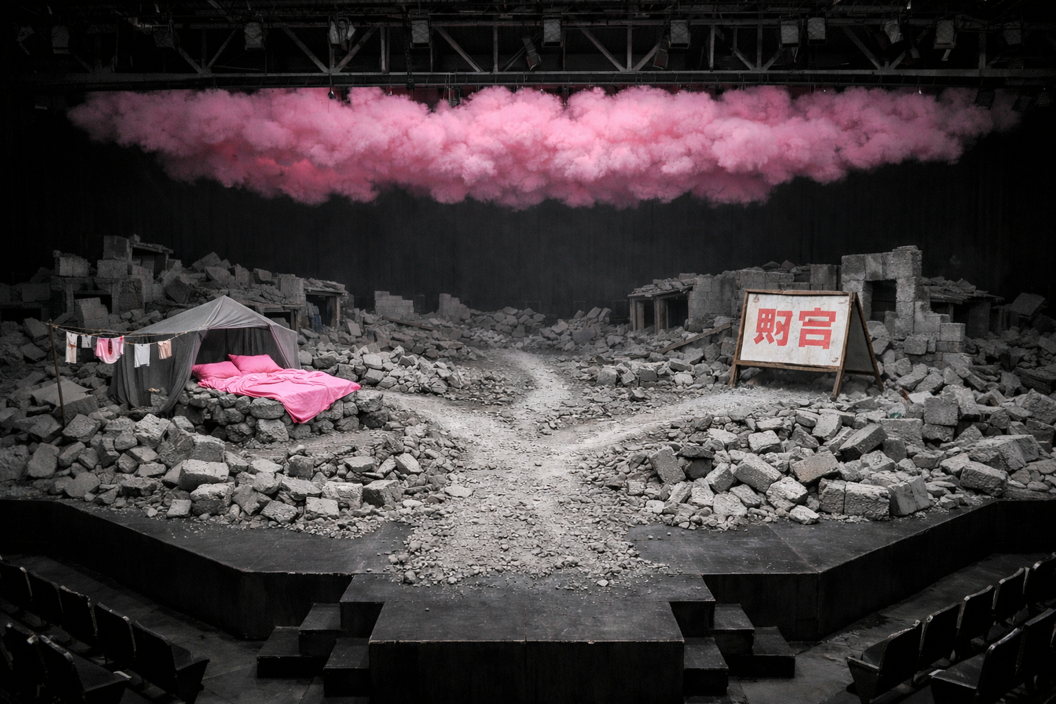 The Good Person of Szechwan - Full stage render showing earthquake rubble landscape with forking road, pink cloud layer above, and the two paths leading to bed and tobacco shop