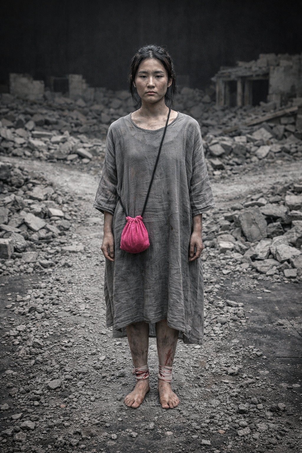 Shen Te in grey gauze smock with pink velvet pouch, standing in rubble