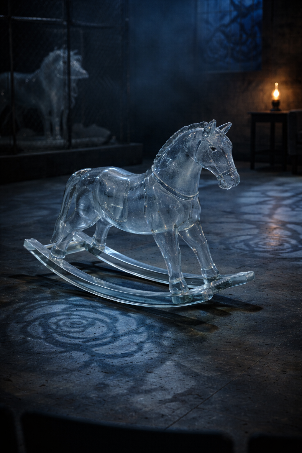 Close-up of the glass horse prop